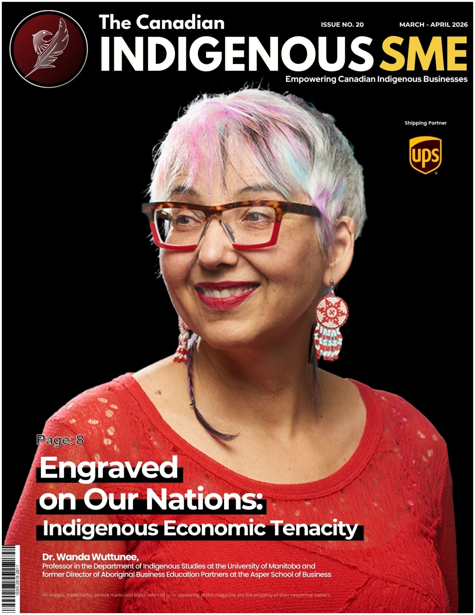 Magazine cover 'The Canadian Indigenous SME' featuring Dr. Wanda Wuttunee in a red sweater with colorful hair and red glasses; headline reads 'Engraved on Our Nations: Indigenous Economic Tenacity.'