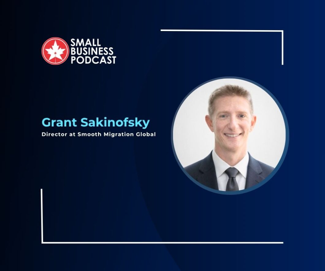 Small Business Podcast banner announcing Grant Sakinofsky, Director at Smooth Migration Global, with his photo in a circular frame.