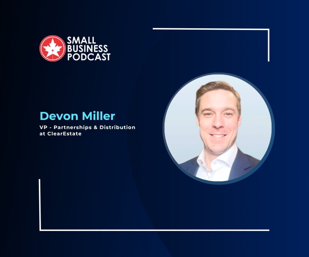 Small Business Podcast banner with Devon Miller, VP Partnerships & Distribution at ClearEstate, and a circular headshot on the right against a navy gradient background.