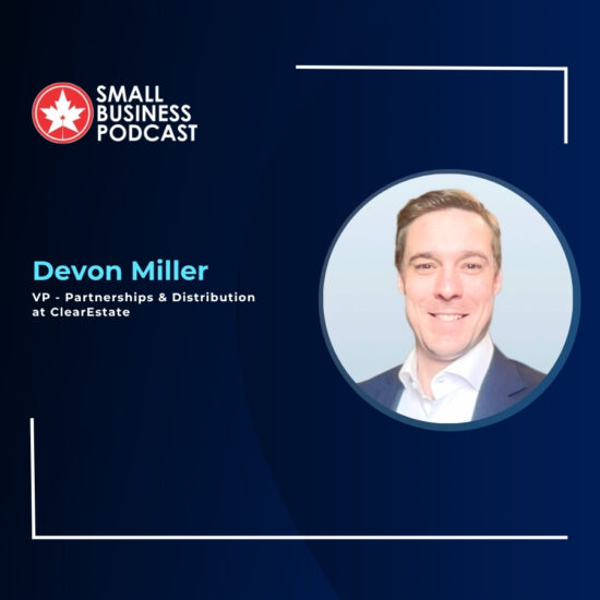 Small Business Podcast banner with Devon Miller, VP Partnerships & Distribution at ClearEstate, and a circular headshot on the right against a navy gradient background.