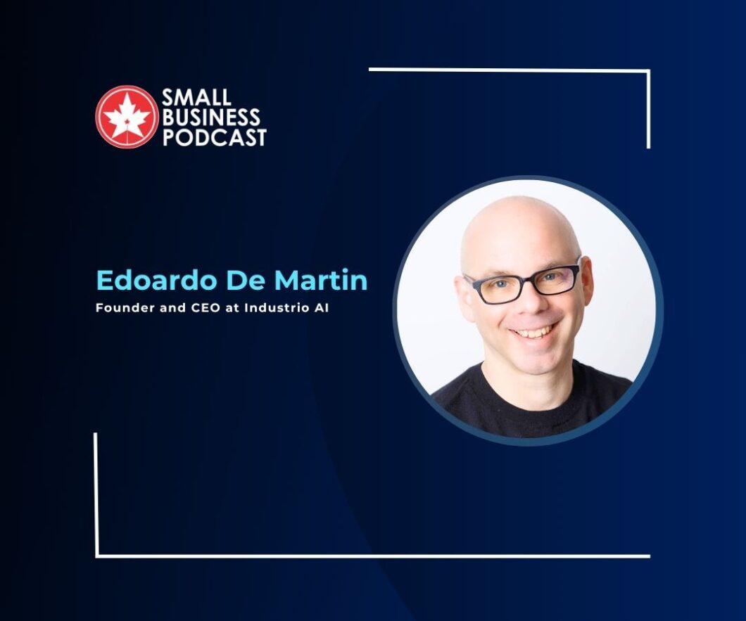 Small Business Podcast banner featuring Edoardo De Martin, founder and CEO at Industrio AI, with a round portrait on the right.