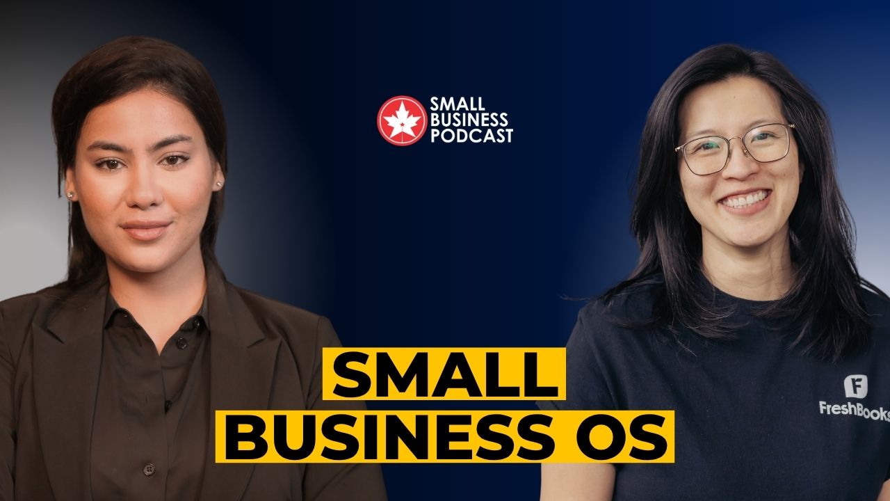 Two women hosts on a podcast cover with the logo in the center and bold yellow title 'SMALL BUSINESS OS' on a dark blue background.