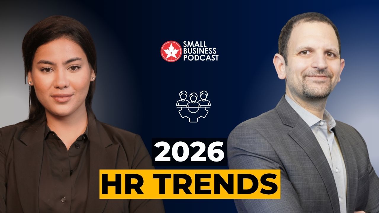 Podcast cover: two professionals flank a dark blue background with Small Business Podcast logo centered above, and bold '2026 HR TRENDS' text in yellow and black.