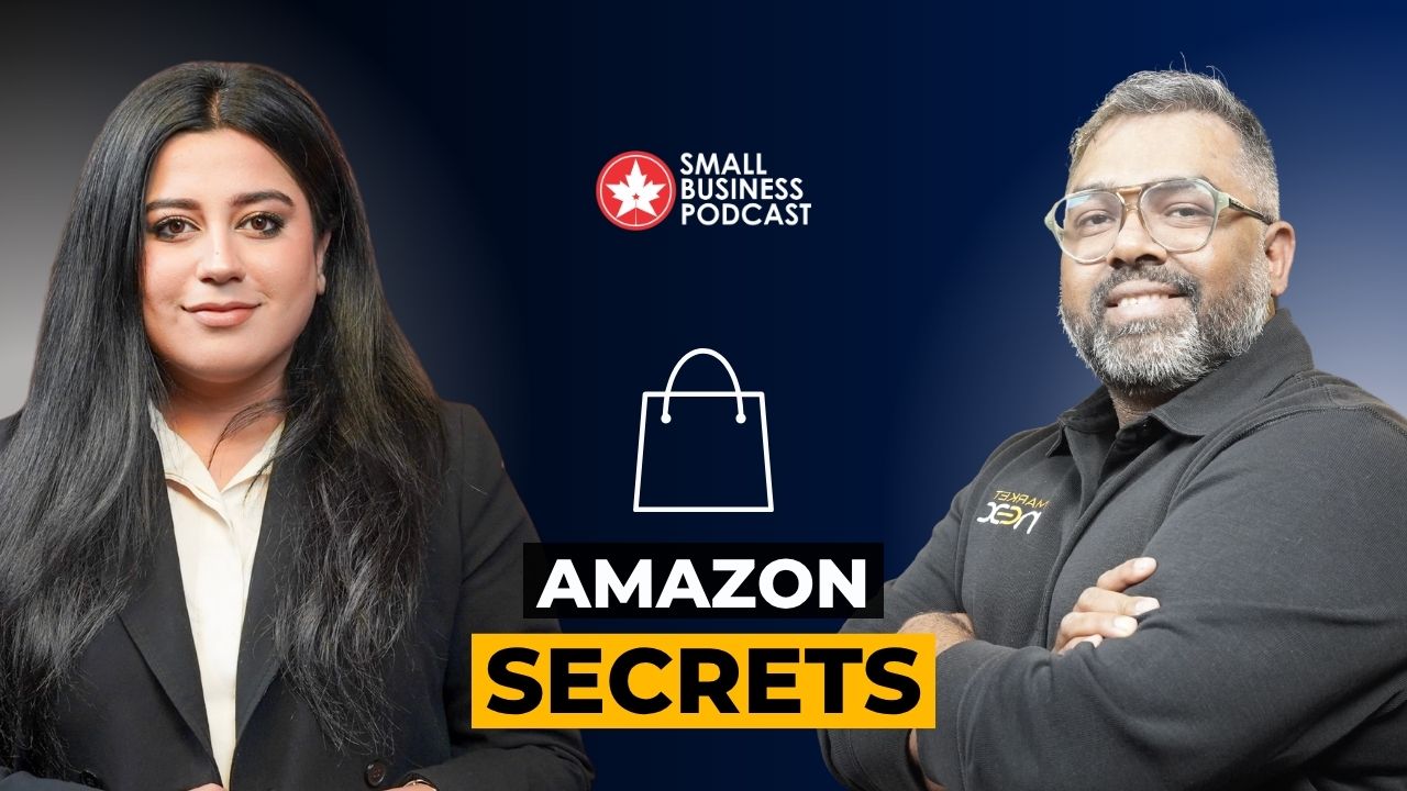 Podcast thumbnail: a woman on the left and a man on the right, with Small Business Podcast branding and bold text 'AMAZON SECRETS' in the center.