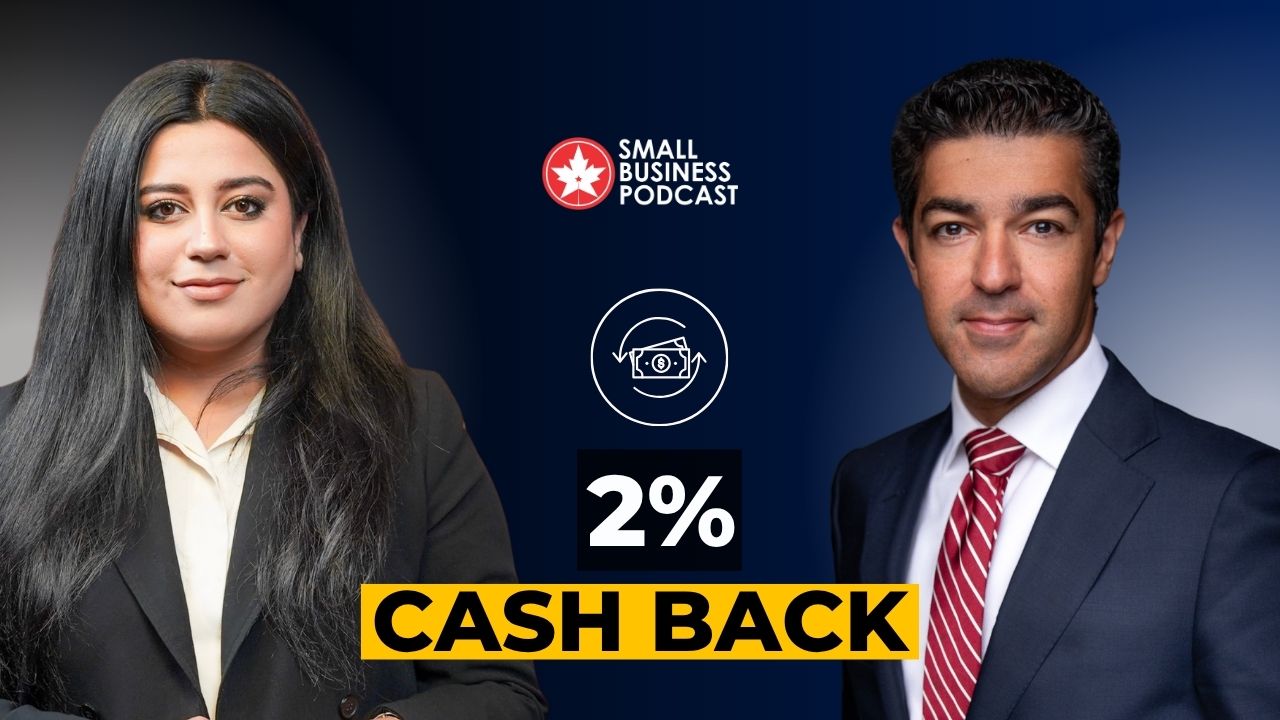 Thumbnail for Small Business Podcast: two hosts (woman left, man right) with a bold '2% CASH BACK' banner in the center and a circular money icon above it, dark blue gradient background.