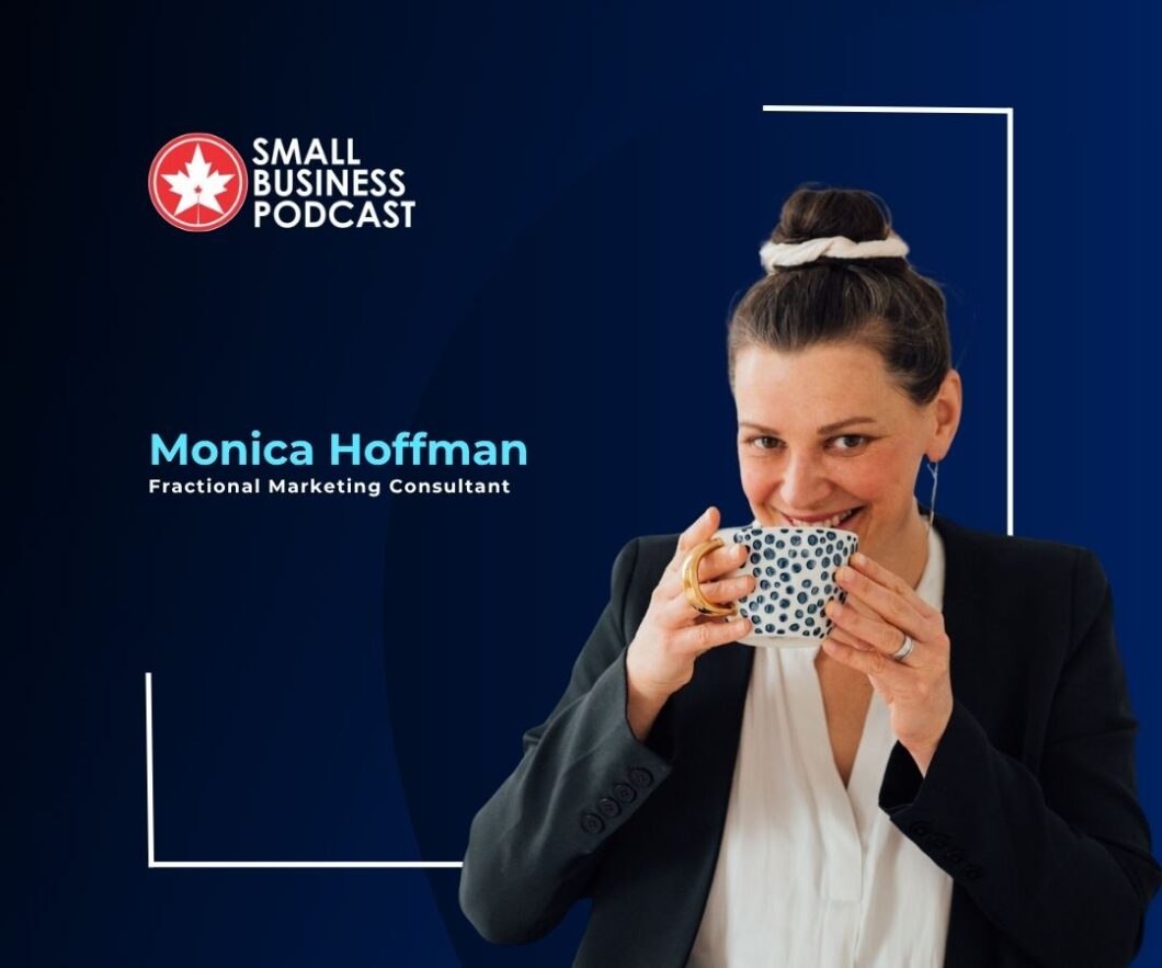 Small Business Podcast banner featuring Monica Hoffman, fractional marketing consultant, smiling while drinking from a blue polka-dot mug.