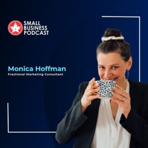Small Business Podcast banner featuring Monica Hoffman, fractional marketing consultant, smiling while drinking from a blue polka-dot mug.