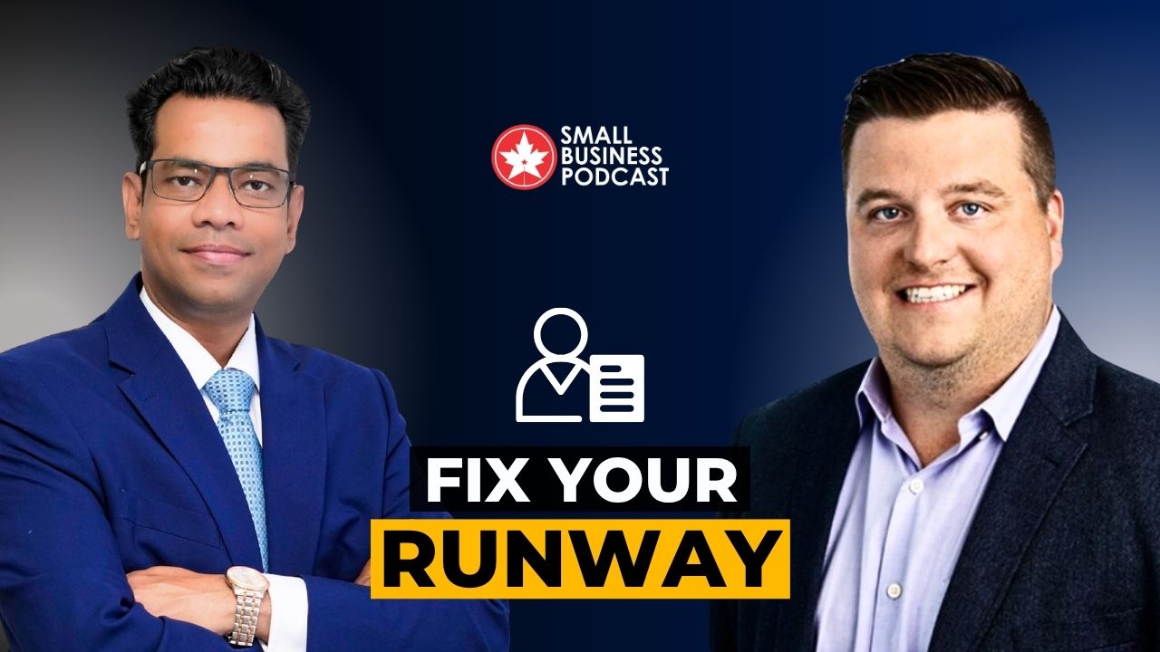 Two men in business attire on a blue gradient background; bold 'FIX YOUR RUNWAY' title for Small Business Podcast.