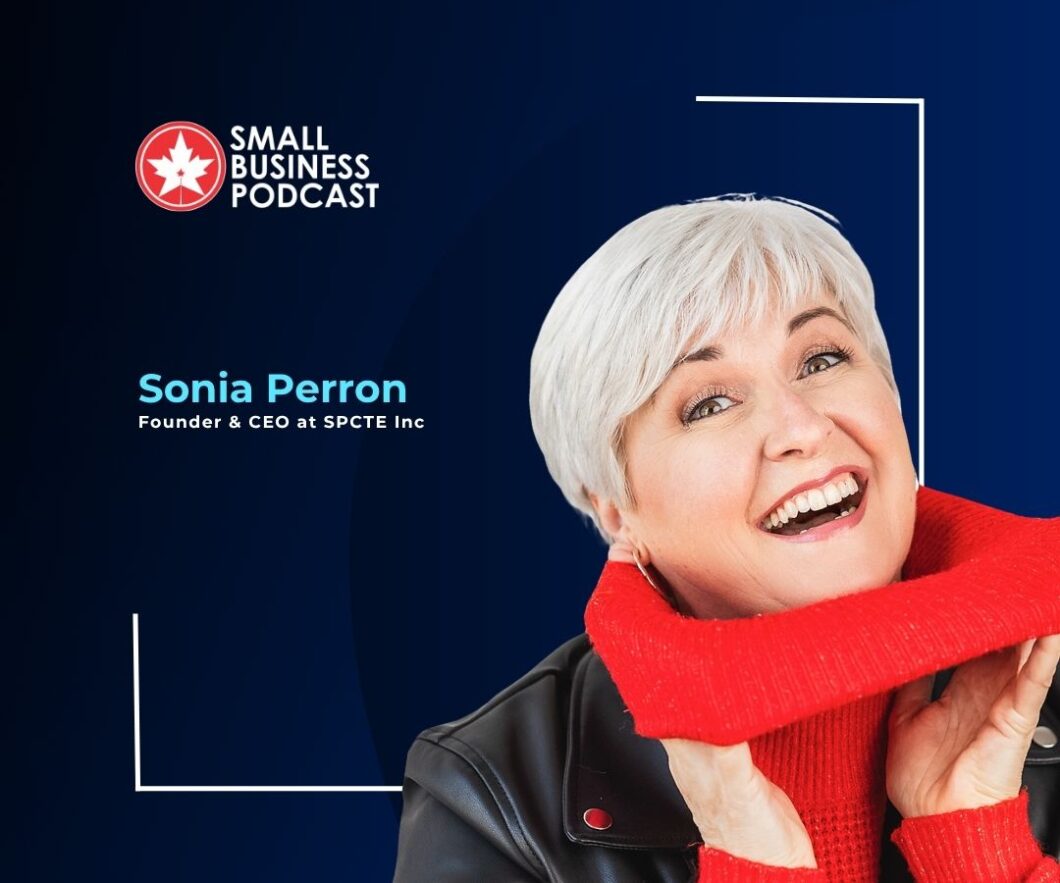 Portrait of Sonia Perron smiling, wearing a red sweater, against a dark blue background with the Small Business Podcast branding.