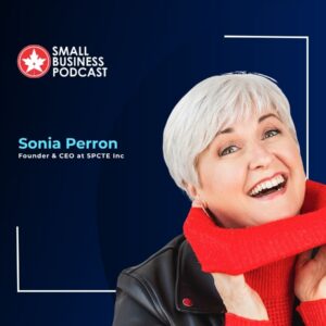 Portrait of Sonia Perron smiling, wearing a red sweater, against a dark blue background with the Small Business Podcast branding.