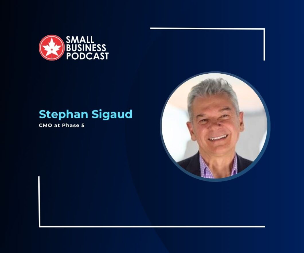 Small Business Podcast banner showing Stephan Sigaud, CMO at Phase 5, with a circular headshot on a blue gradient background and logo on the left.
