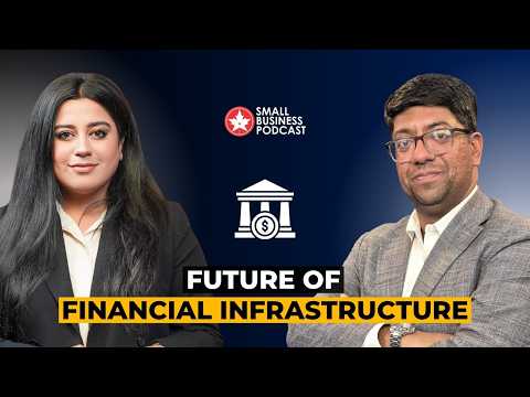 Two podcast hosts in business attire pose against a blue gradient backdrop; a centered 'Small Business Podcast' logo and a yellow banner read 'Future of Financial Infrastructure'