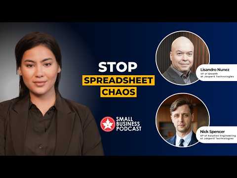 Podcast thumbnail: woman in a dark blazer on the left; bold text 'STOP SPREADSHEET CHAOS' in white and yellow; two circular guest headshots (Lisandro Nunez and Nick Spencer) on the right; Small Business Podcast logo present.