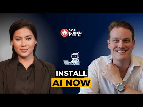 Podcast thumbnail: two hosts, a woman on the left and a smiling man on the right, with a small robot icon and bold text 'INSTALL NOW' on a blue gradient background.
