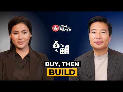 Two hosts, a woman on the left and a man on the right, stand against a dark blue backdrop for a Small Business Podcast episode titled “Buy, Then Build.”