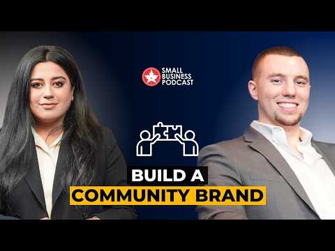 Two hosts (woman left, man right) on a blue gradient background with the Small Business Podcast logo and the title 'BUILD A COMMUNITY BRAND'.