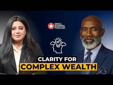 Podcast thumbnail showing a woman on the left and a man in a suit on the right, with bold text 'Clarity for Complex Wealth' and a Small Business Podcast logo.