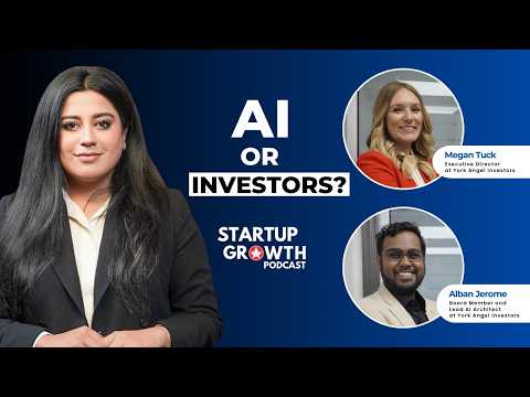 Podcast thumbnail with a woman host on the left against a blue gradient, two circular guest headshots on the right, and bold text 'AI or INVESTORS?' with 'STARTUP GROWTH PODCAST'