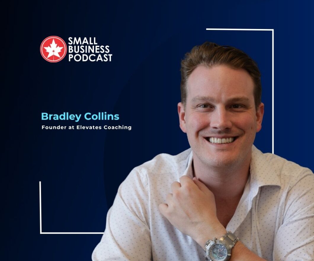 Bradley Collins, founder of Elevates Coaching, smiles in a blue gradient podcast graphic with the Small Business Podcast logo in the top left.
