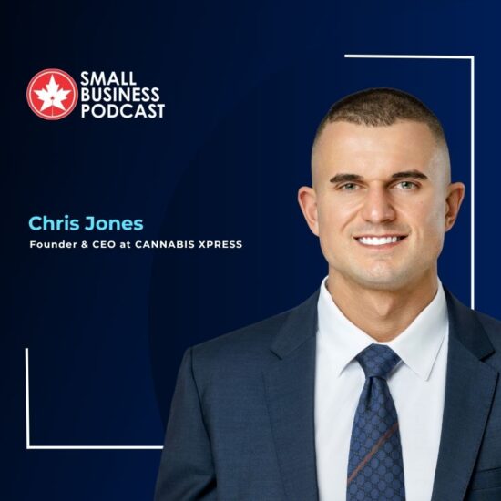 Podcast cover: Chris Jones, Founder & CEO at Cannabis Xpress, in a suit, with Small Business Podcast logo on dark blue background