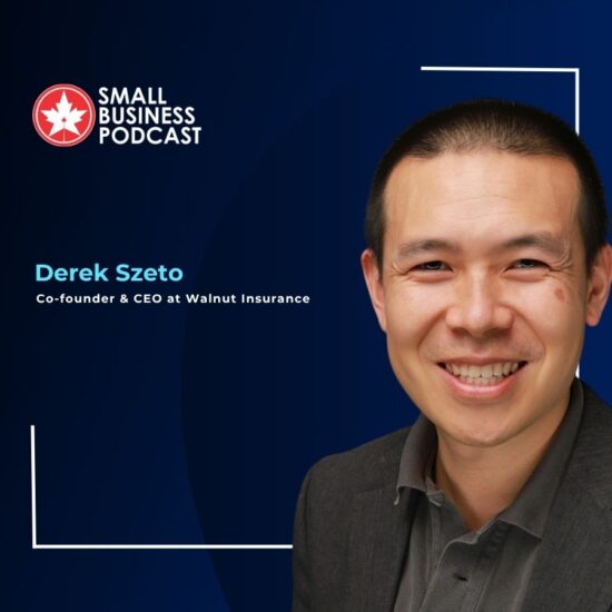 Portrait of Derek Szeto, Co-founder & CEO of Walnut Insurance, smiling against a dark blue backdrop with a Small Business Podcast logo on the left.
