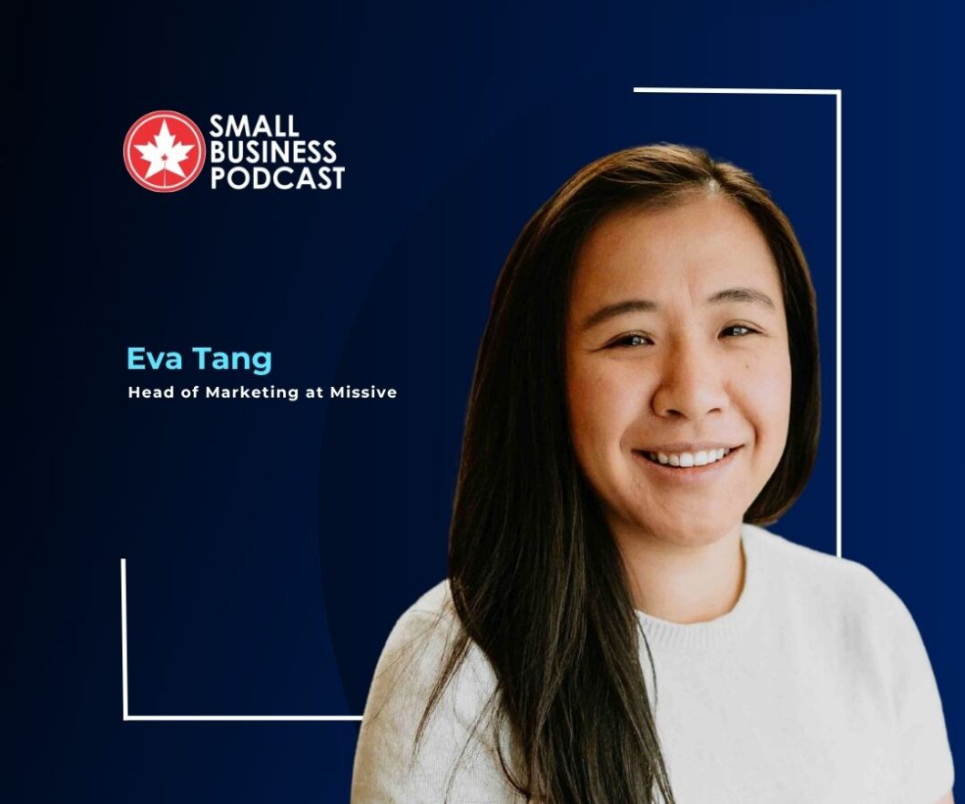Small Business Podcast banner with Eva Tang, Head of Marketing at Missive, smiling portrait on a blue backdrop.