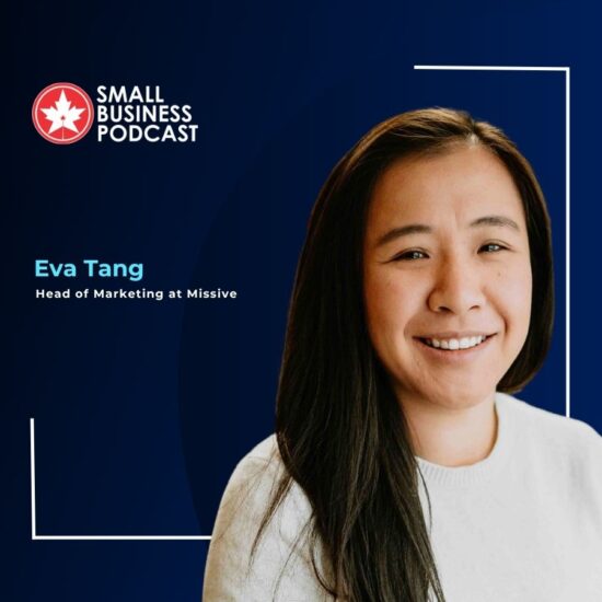 Small Business Podcast banner with Eva Tang, Head of Marketing at Missive, smiling portrait on a blue backdrop.
