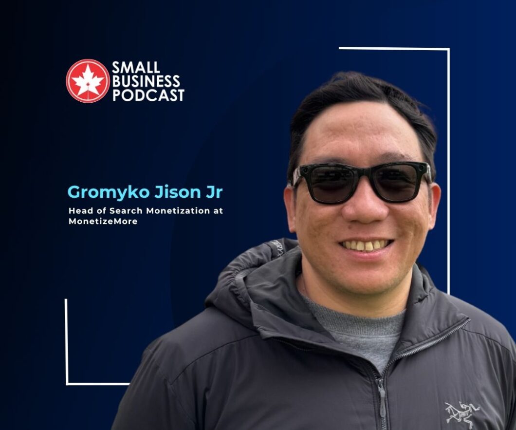 Podcast guest card: Gromyko Jison Jr, Head of Search Monetization at MonetizeMore, smiling in sunglasses against a dark blue background with the Small Business Podcast logo.