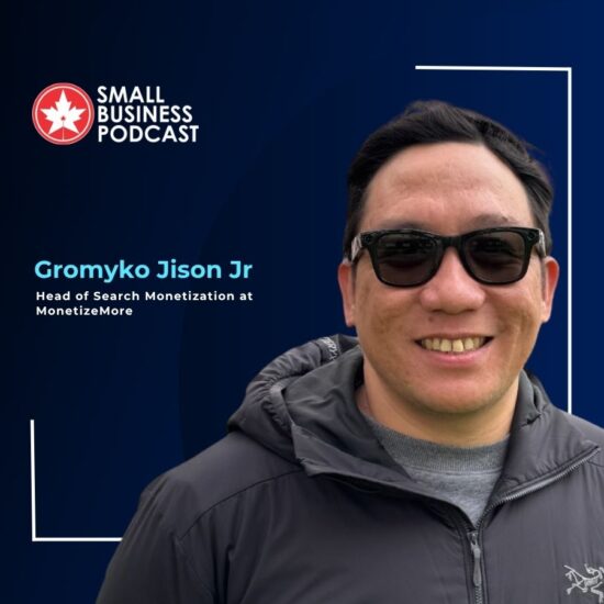 Podcast guest card: Gromyko Jison Jr, Head of Search Monetization at MonetizeMore, smiling in sunglasses against a dark blue background with the Small Business Podcast logo.