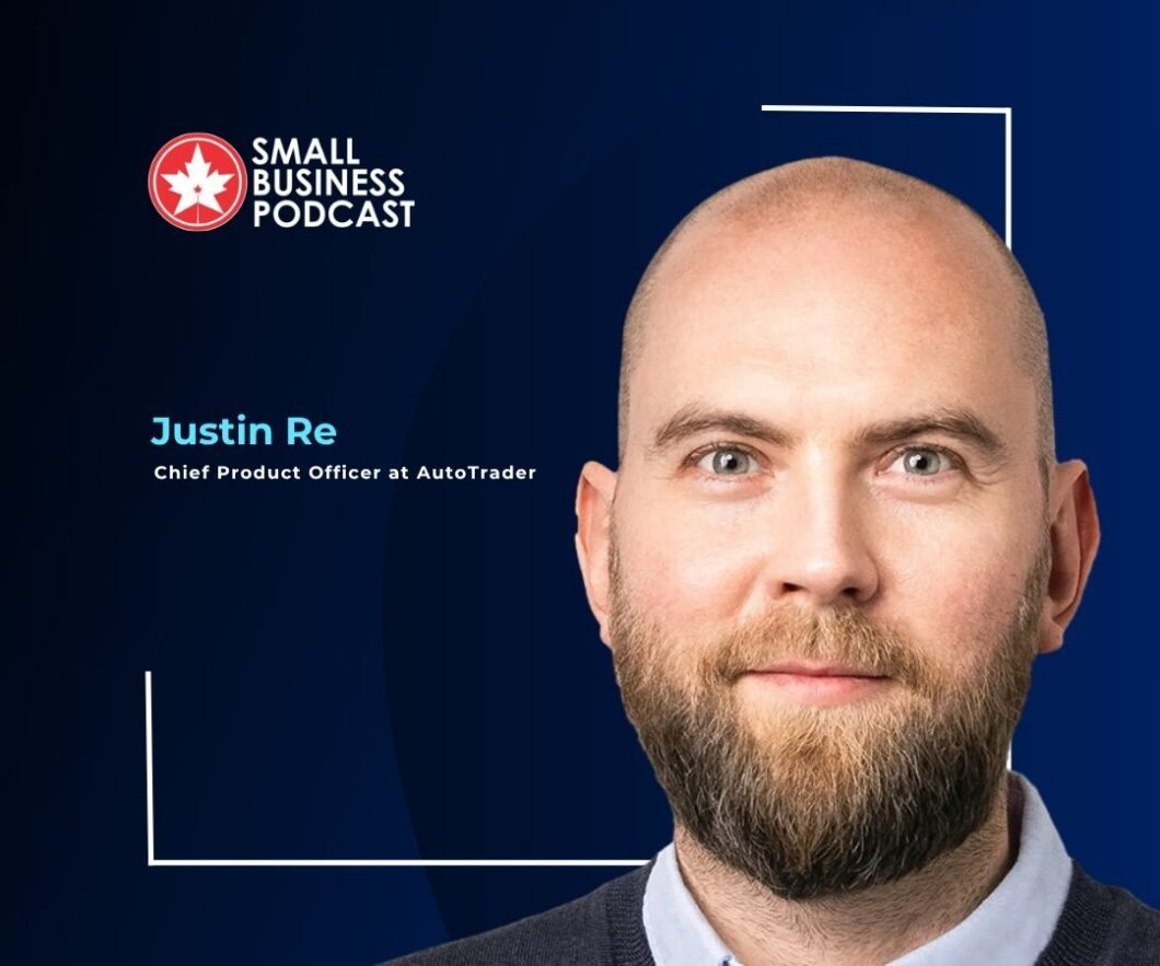 Portrait of Justin Re, Chief Product Officer at AutoTrader, for the Small Business Podcast promotional banner, with logo in the top-left corner.