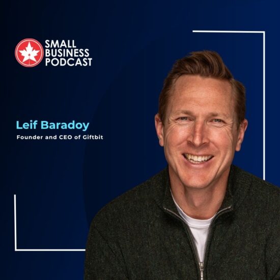 Portrait of Leif Baradoy, founder and CEO of Giftbit, smiling against a dark blue Small Business Podcast backdrop with logo and geometric frames, left-aligned text.