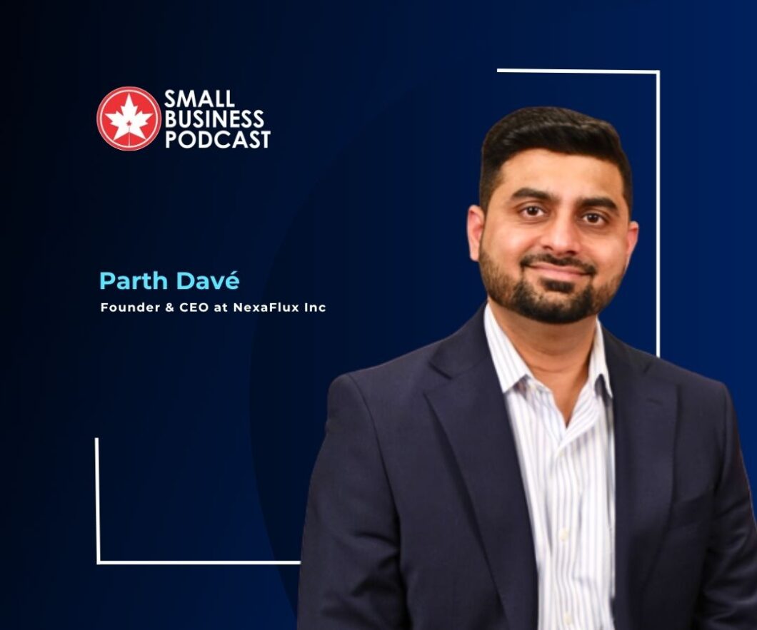 Portrait of Parth Davé, founder and CEO of NexaFlux Inc., on a Dark Blue Small Business Podcast cover.