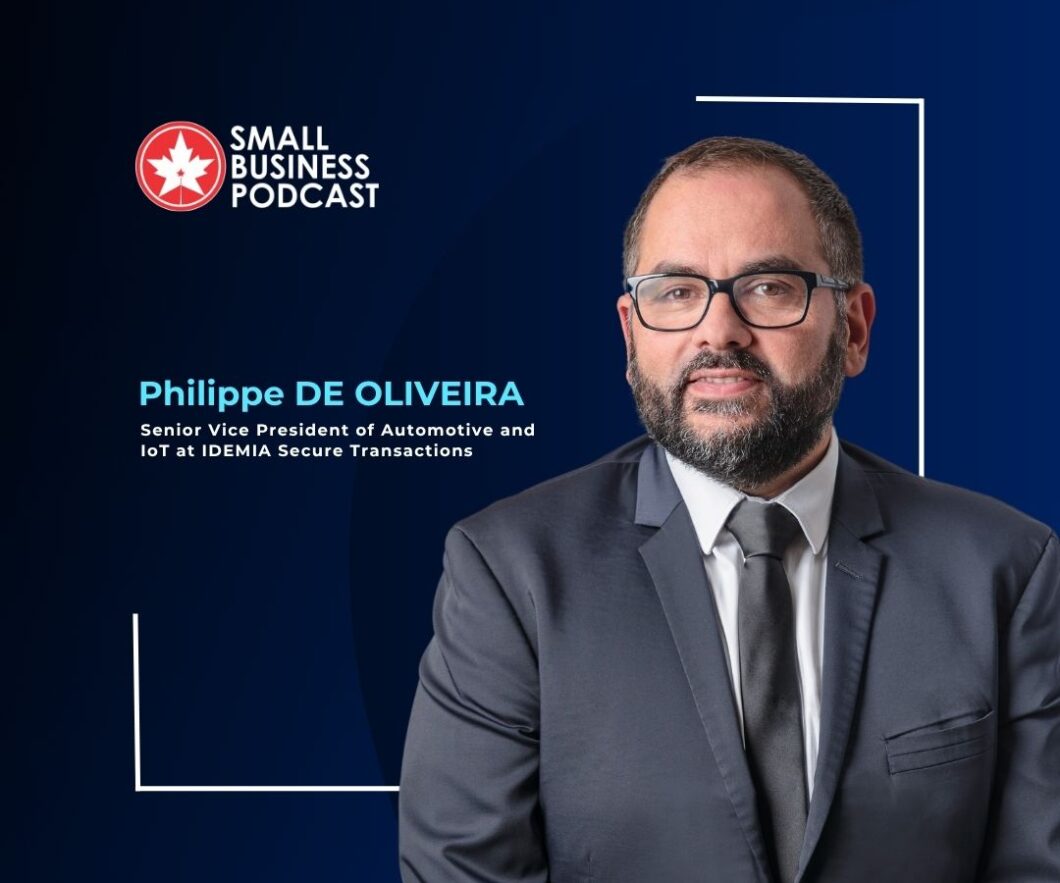 Portrait of Philippe De Oliveira in a suit on a dark blue background for the Small Business Podcast banner.