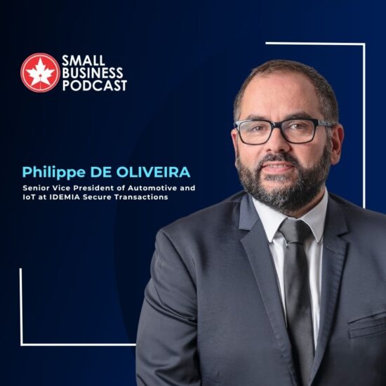 Portrait of Philippe De Oliveira in a suit on a dark blue background for the Small Business Podcast banner.