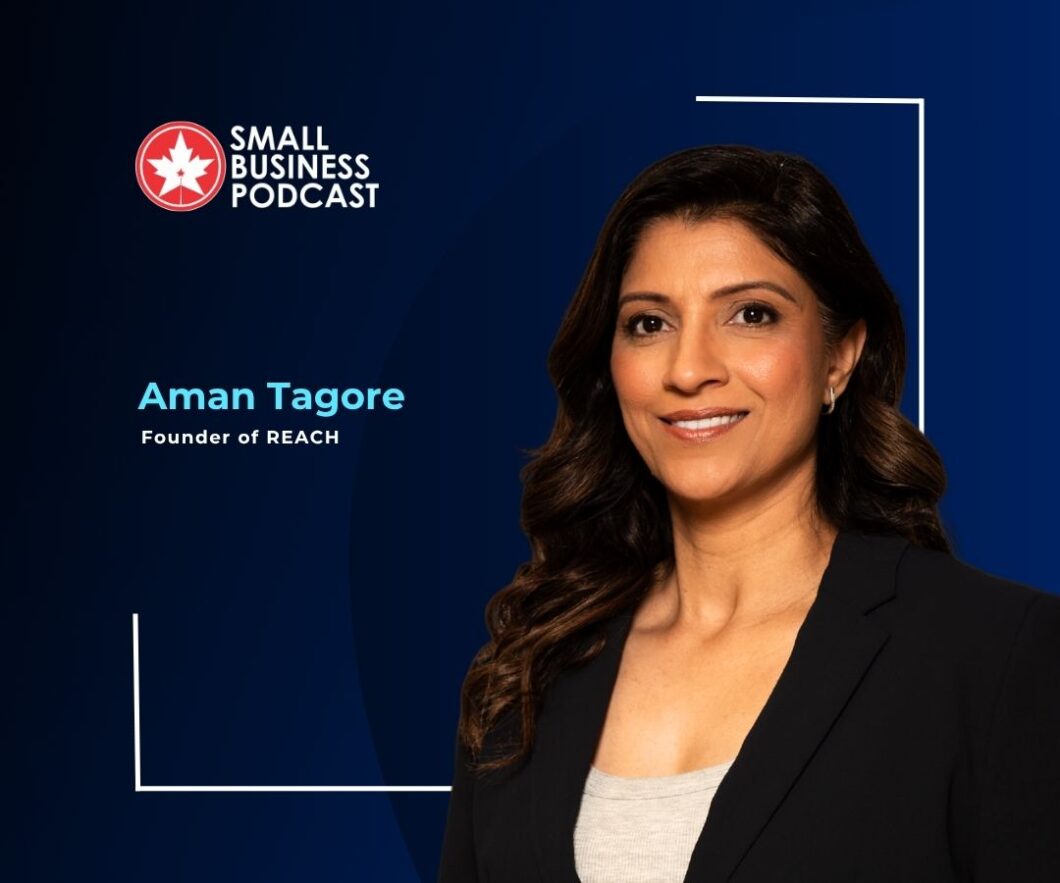 Professional portrait of Aman Tagore, Founder of REACH, for the Small Business Podcast on a dark blue background with the podcast logo on the left.