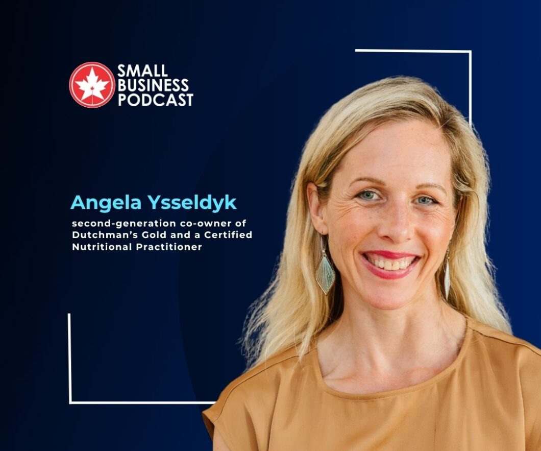 Portrait of Angela Ysseldyk smiling on a blue background with the Small Business Podcast logo and her title. (informative)