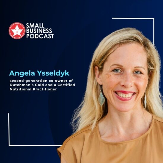 Portrait of Angela Ysseldyk smiling on a blue background with the Small Business Podcast logo and her title. (informative)