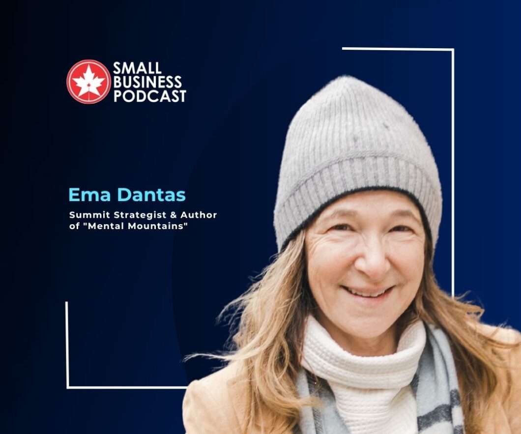 Podcast banner introducing Ema Dantas, Summit Strategist and author, with Small Business Podcast branding on a dark blue gradient background.