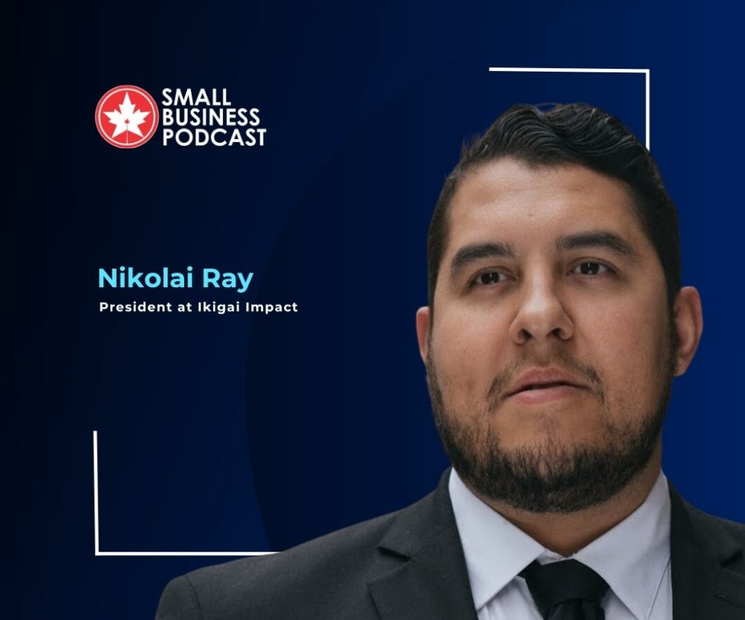 Small Business Podcast banner featuring Nikolai Ray, President at Ikigai Impact, against a dark blue gradient background with frame accents.
