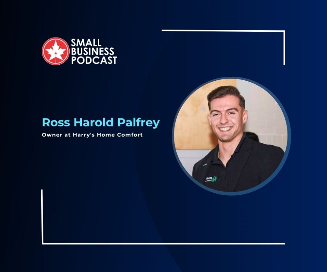 Small Business Podcast banner featuring Ross Harold Palfrey, owner of Harry's Home Comfort, with his circular headshot on a dark blue background.