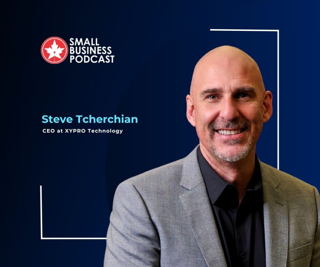Portrait of Steve Tcherchian, CEO of XYPRO Technology, smiling on a navy gradient background with the Small Business Podcast logo.