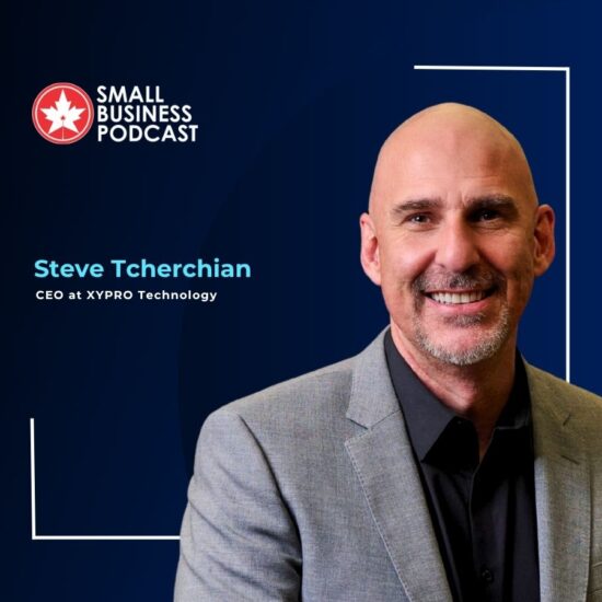 Portrait of Steve Tcherchian, CEO of XYPRO Technology, smiling on a navy gradient background with the Small Business Podcast logo.
